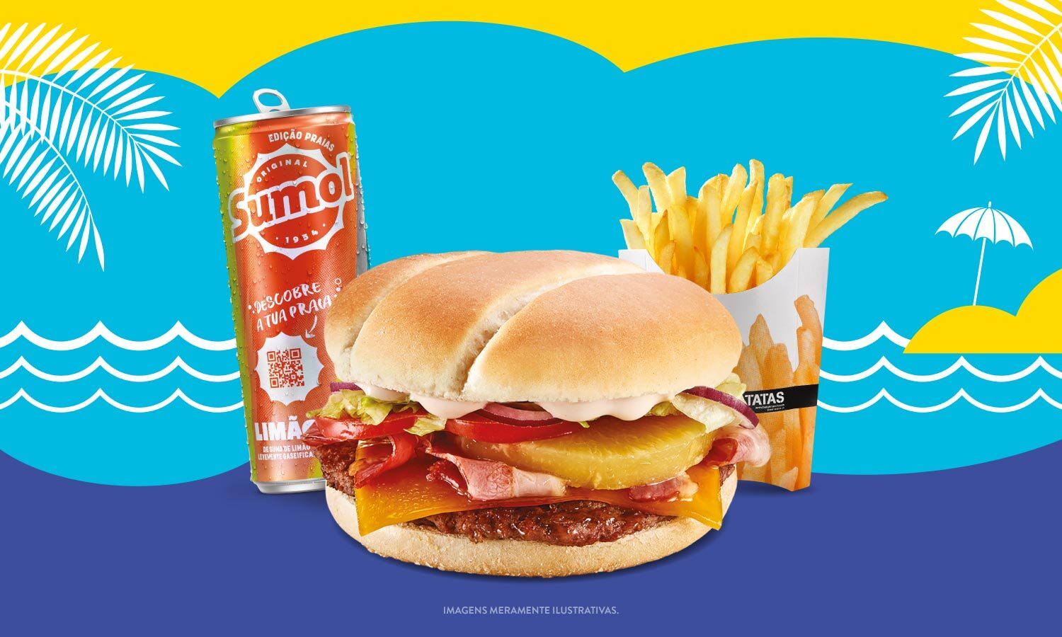 Sumol à esquerda, hambúrguer do mês no centro e batata frita à direita.